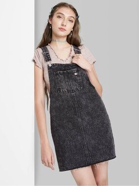 Wild Fable | Acid Wash Black Denim Pinafore Overalls Dress | Size XL